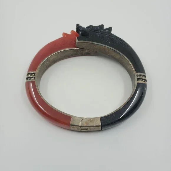 Rare Black and Red Carved Jade Dragon Sterling Silver Clamp Bracelet.